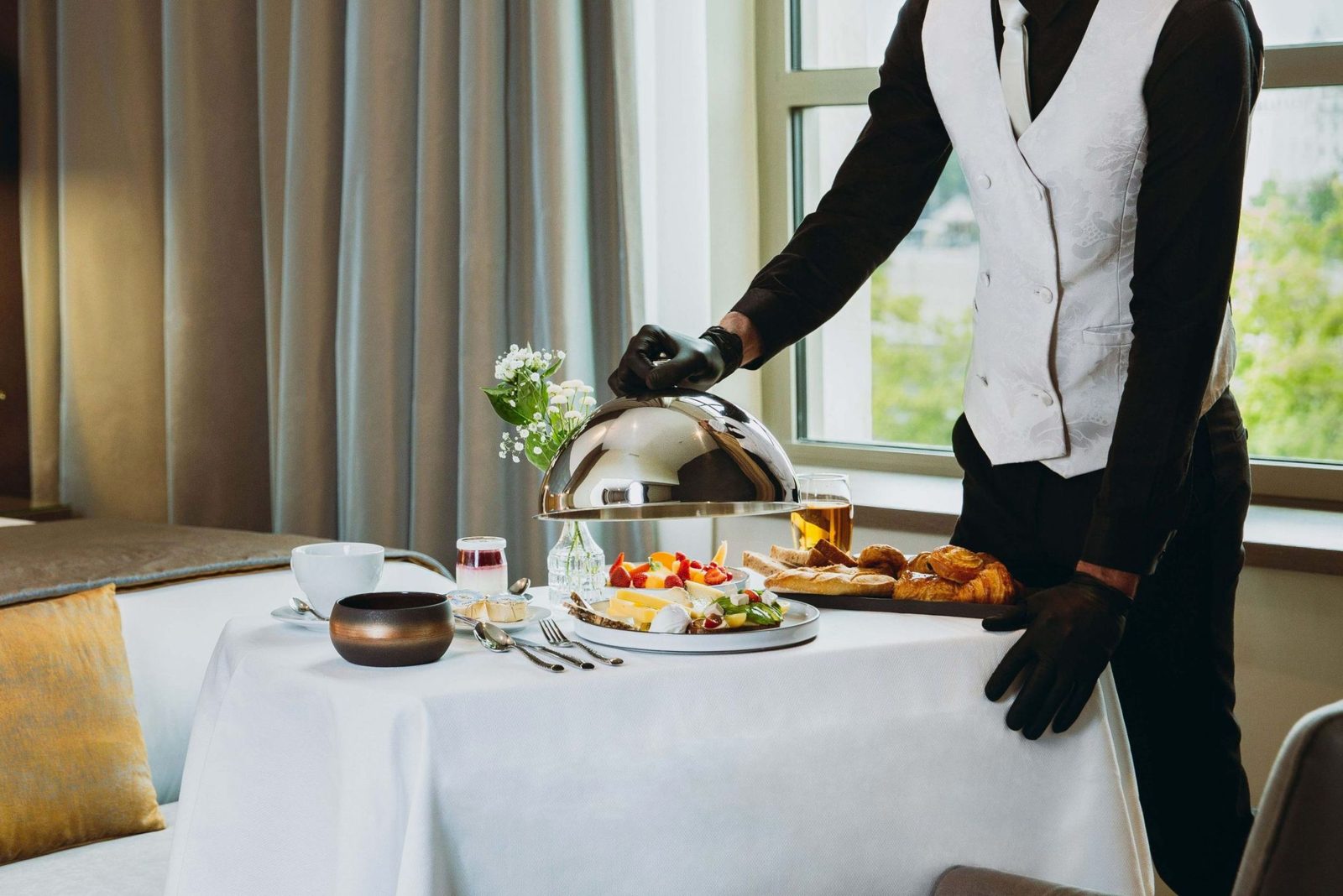 Elegant room service setup with breakfast tray